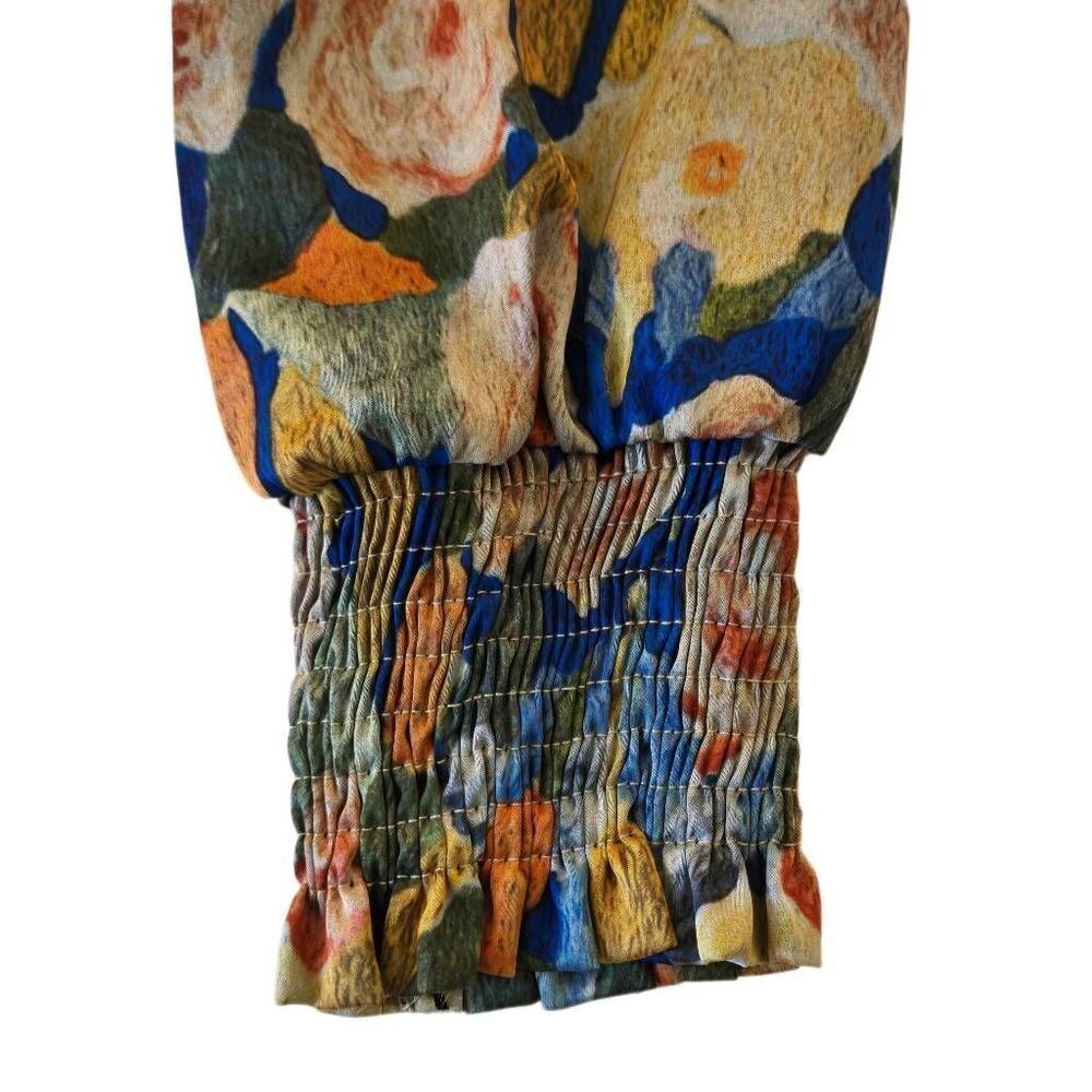 Radzoli Women's Artsy Multi-Print Pleated Button Front Blouse Blue Green Medium - Picture 5 of 12